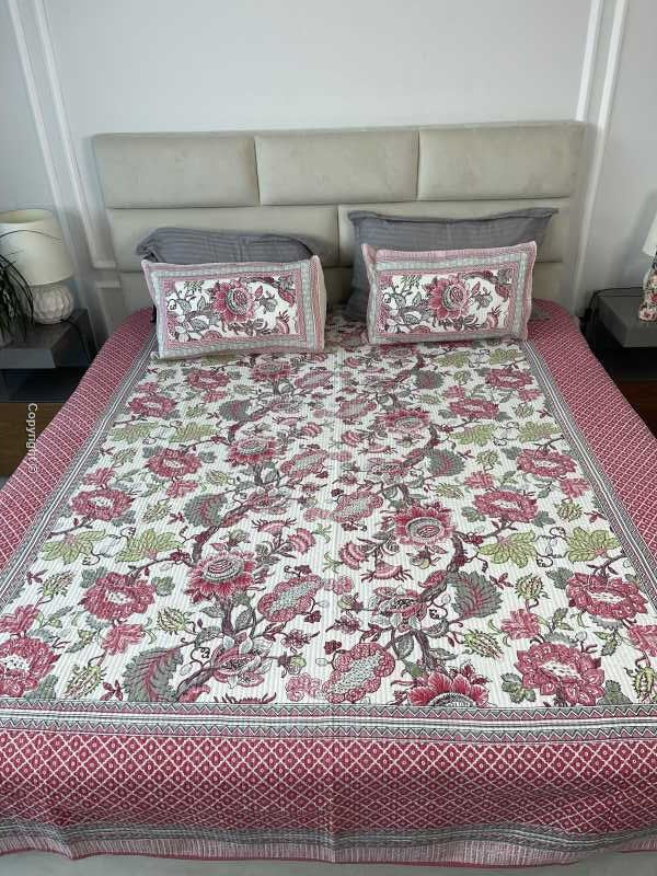 Grey Pink  Rajasthani Comforter for queen and king size beds in pure cotton with 2 matching quilted pillow cases