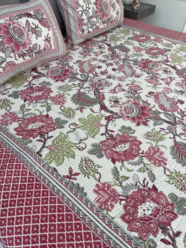 Grey Pink  Rajasthani Comforter for queen and king size beds in pure cotton with 2 matching quilted pillow cases