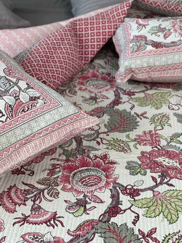 Grey Pink  Rajasthani Comforter for queen and king size beds in pure cotton with 2 matching quilted pillow cases