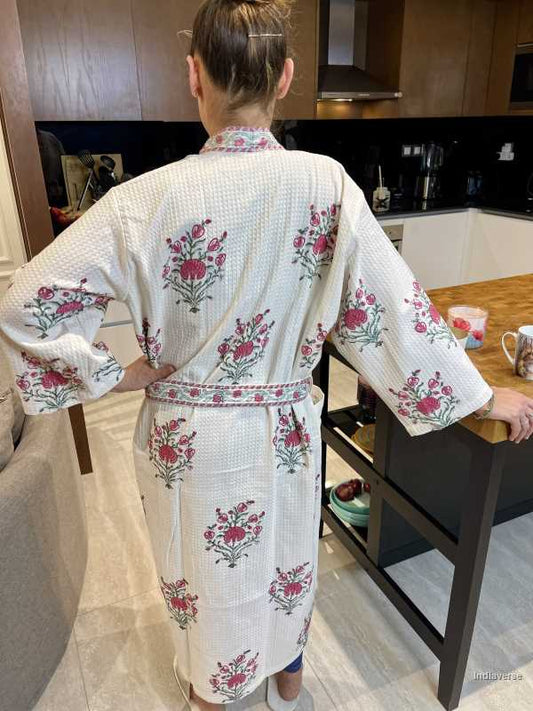 Waffle cotton bathrobe hand block printed design with pink colored flowers in free size