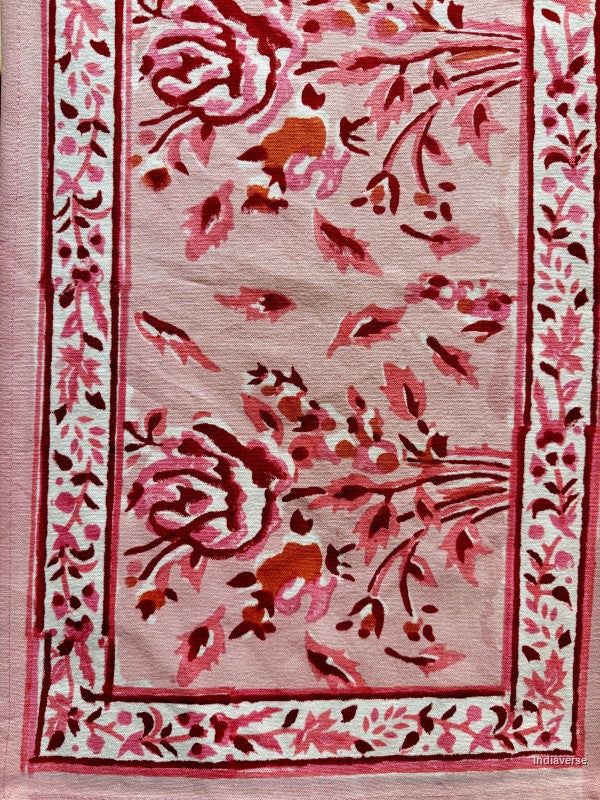 A close-up of a woven textile or rug featuring a floral pattern in shades of pink, red, and orange on a light beige background, framed by a decorative border.