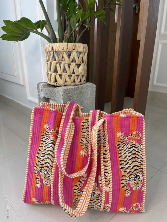 Pink orange handmade quilted pure cotton Tote Bag in tiger look with one inside pocket for keys and small items 1