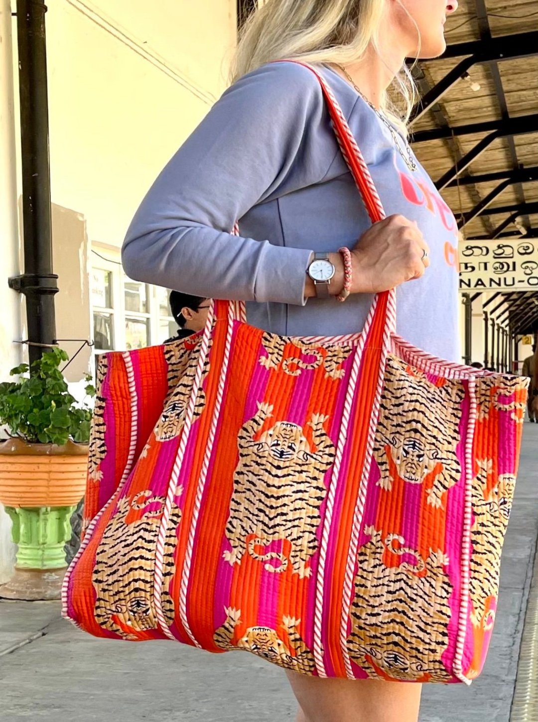 Pink orange handmade quilted pure cotton Tote Bag in tiger look with one inside pocket for keys and small items 