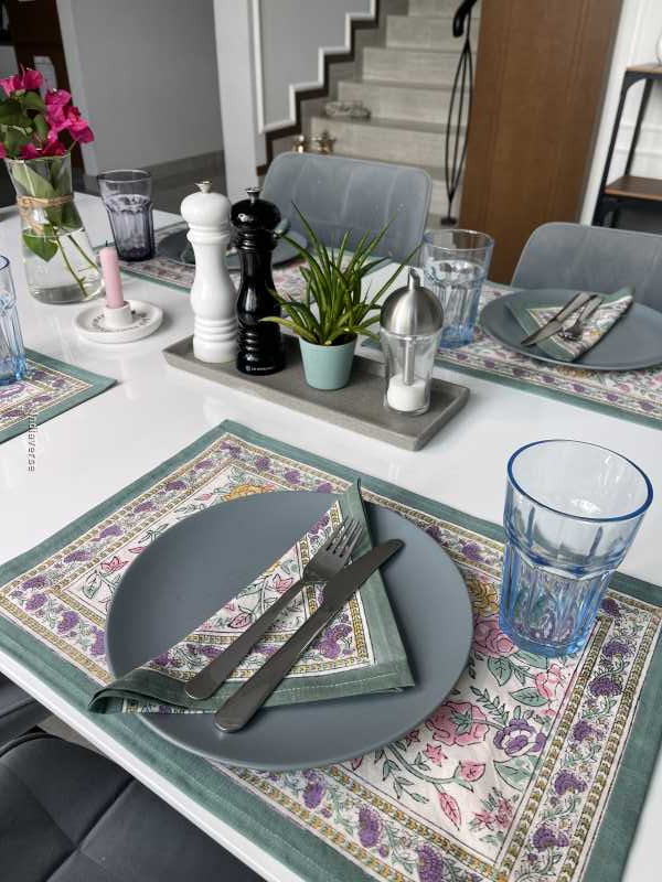 Exquisite 6-piece hand block printed placemat and napkin set in pure cotton stand out with a green purple floral design