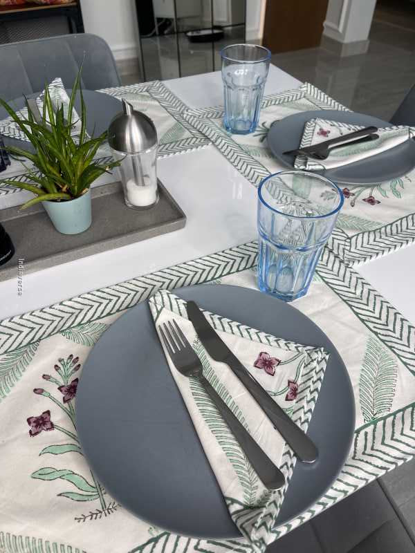 Exquisite 6-piece hand block printed placemat and napkin set in pure cotton stand out with a green purple modern design