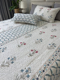 Premium Jaipuri Comforter Blue Elegance with pink flowers handblock printed coming with 2 matching pillow cases