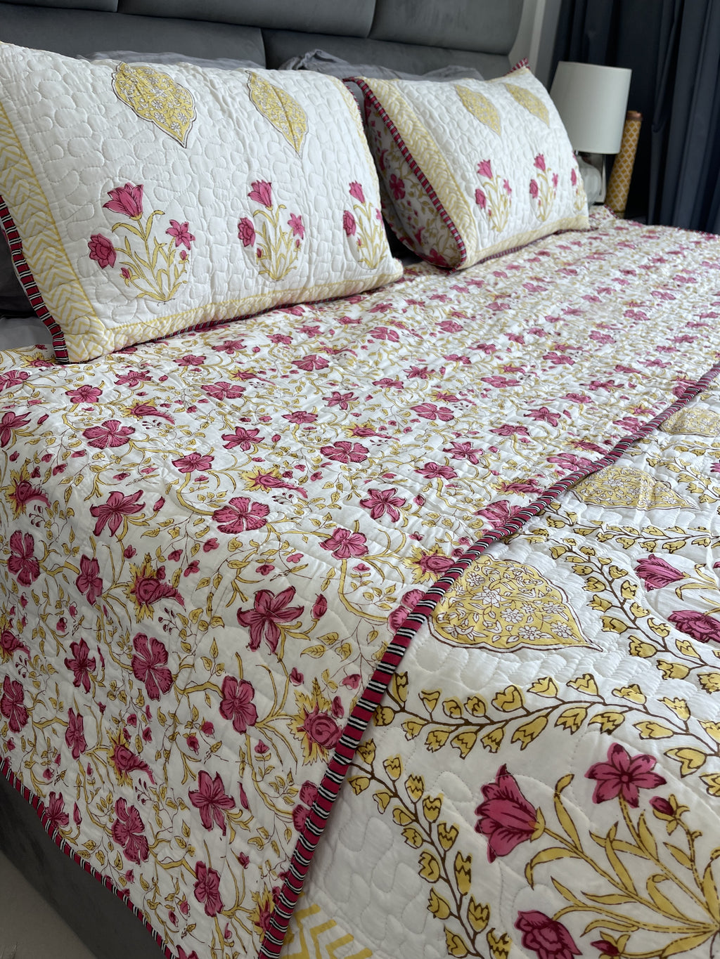 Premium Jaipuri Comforter Golden Devi in yellow pink handblock printed coming with 2 matching pillow cases