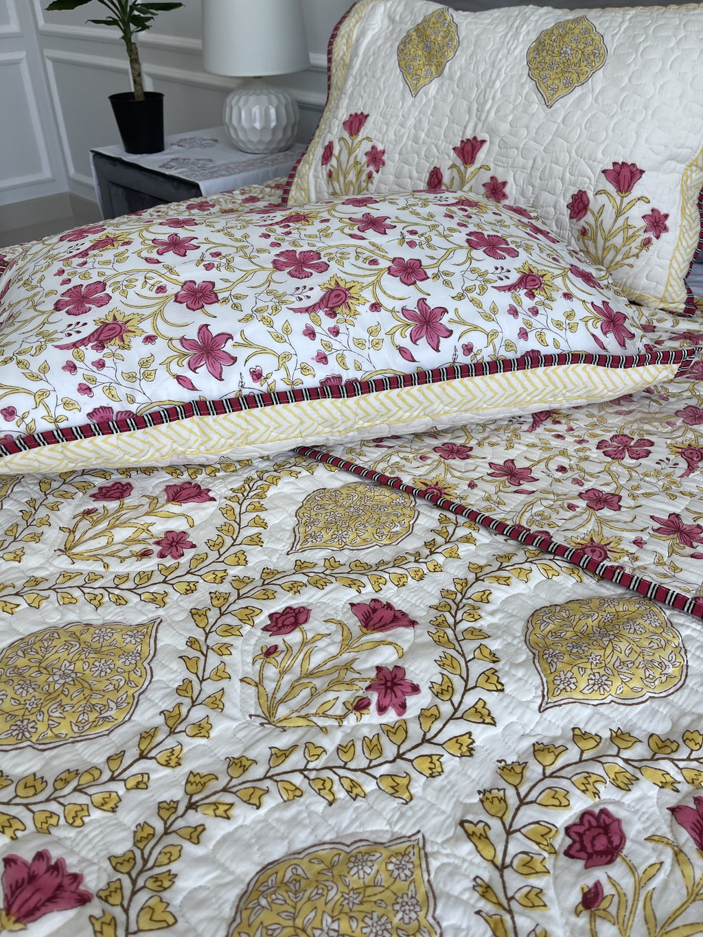 Premium Jaipuri Comforter Golden Devi in yellow pink handblock printed coming with 2 matching pillow cases
