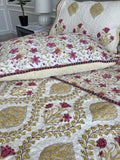 Premium Jaipuri Comforter Golden Devi in yellow pink handblock printed coming with 2 matching pillow cases