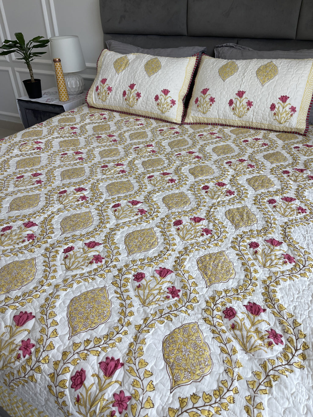 Premium Jaipuri Comforter Golden Devi in yellow pink handblock printed coming with 2 matching pillow cases