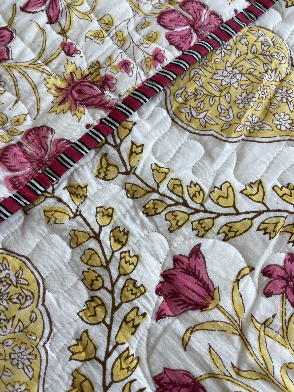 Premium Jaipuri Comforter Golden Devi in yellow pink handblock printed coming with 2 matching pillow cases