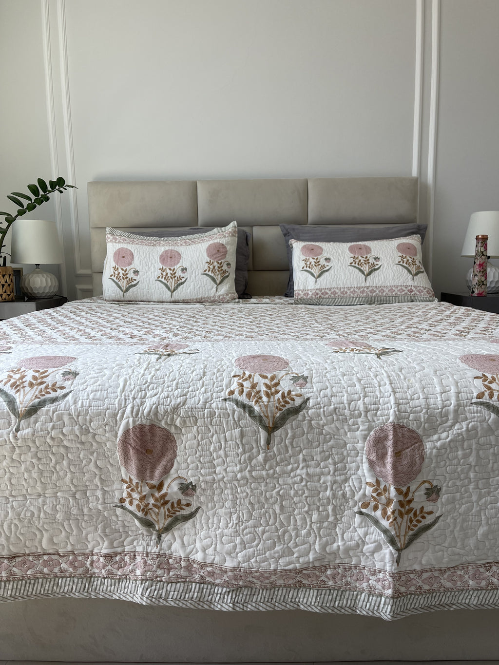 Premium Jaipuri Comforter Peony rose  handblock printed coming with 2 matching pillow cases