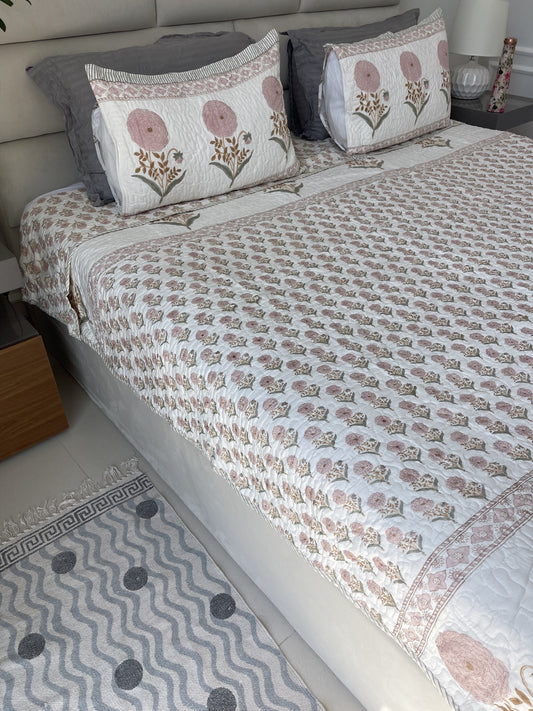 Premium Jaipuri Comforter Peony rose  handblock printed coming with 2 matching pillow cases