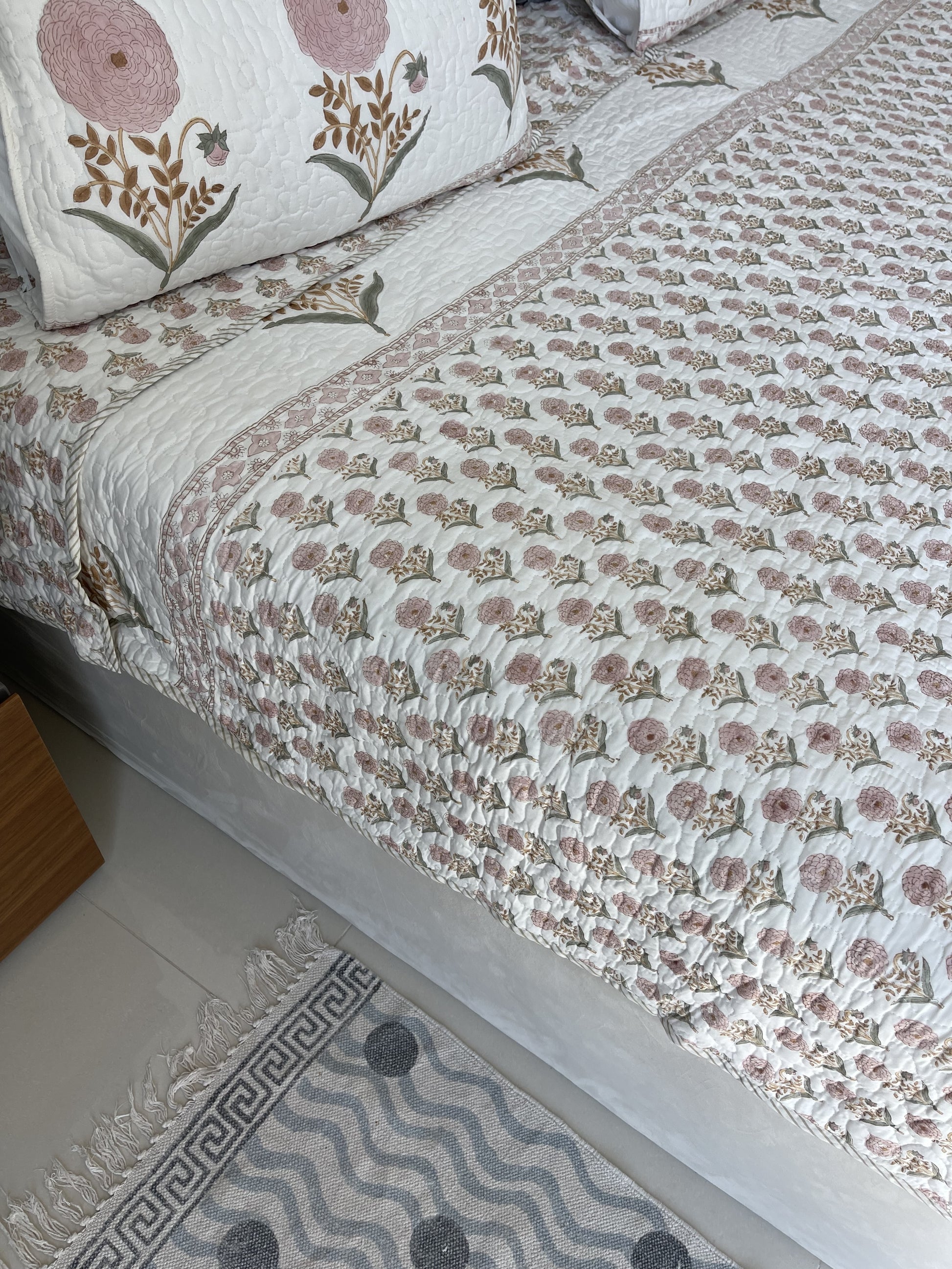 Premium Jaipuri Comforter Peony rose  handblock printed coming with 2 matching pillow cases