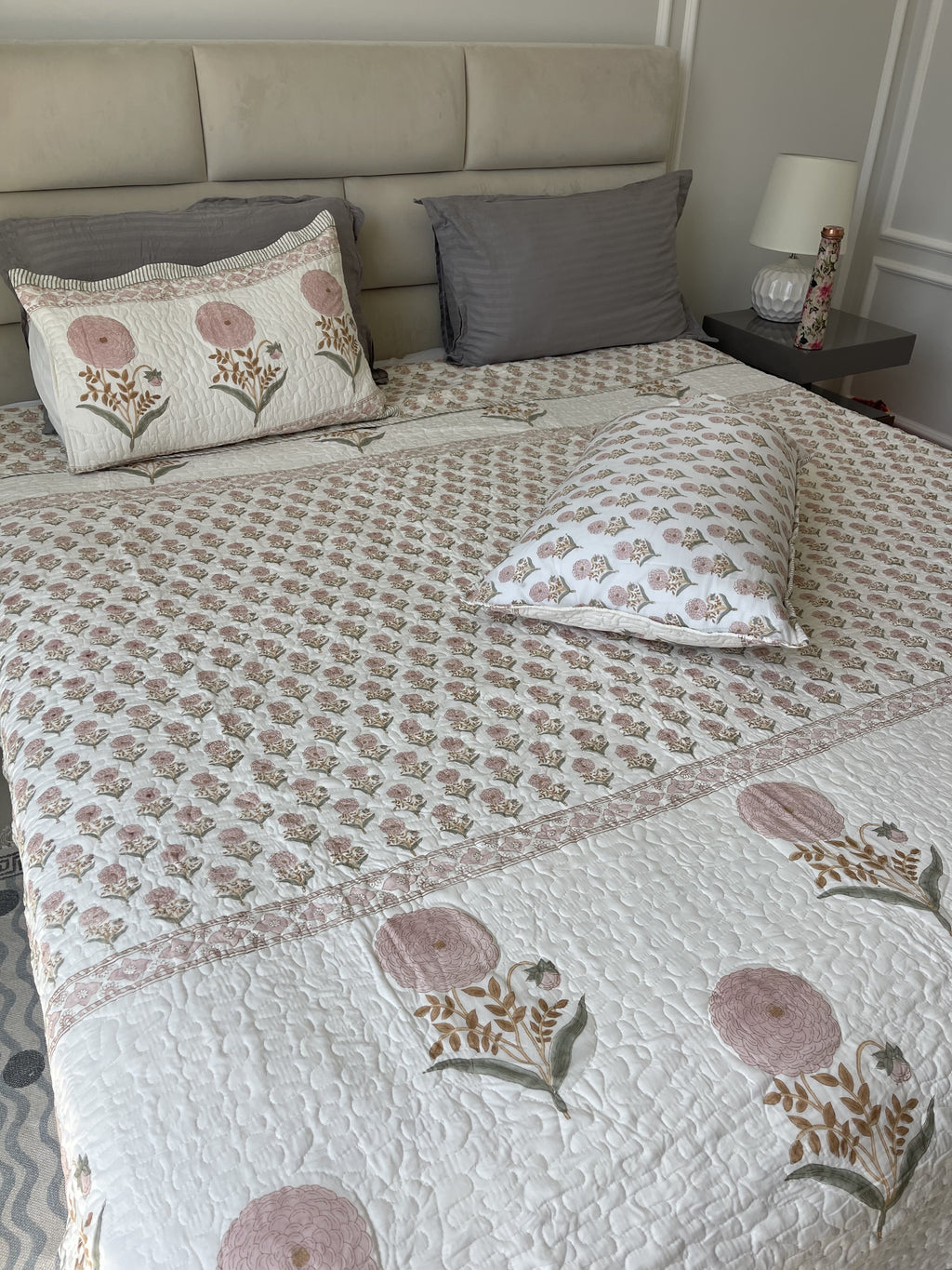 Premium Jaipuri Comforter Peony rose  handblock printed coming with 2 matching pillow cases
