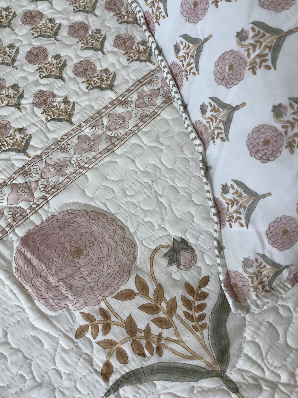 Premium Jaipuri Comforter Peony rose  handblock printed coming with 2 matching pillow cases