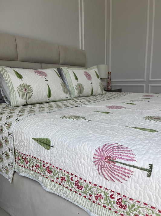 Premium Jaipuri Comforter Pink Palm in pure cotton with 2 matching quilted cushion covers