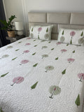 Premium Jaipuri Comforter Pink Palm in pure cotton with 2 matching quilted cushion covers