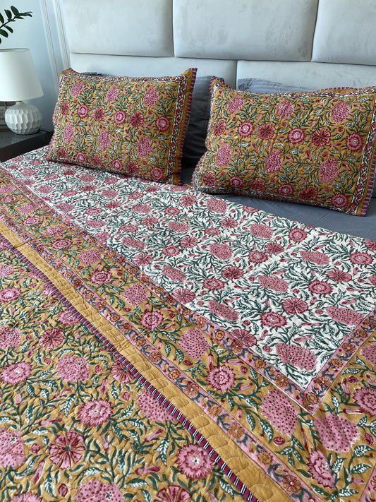 Premium Jaipuri Comforter Sand with pink Flowers handblock printed coming with 2 matching quilted cushion covers 