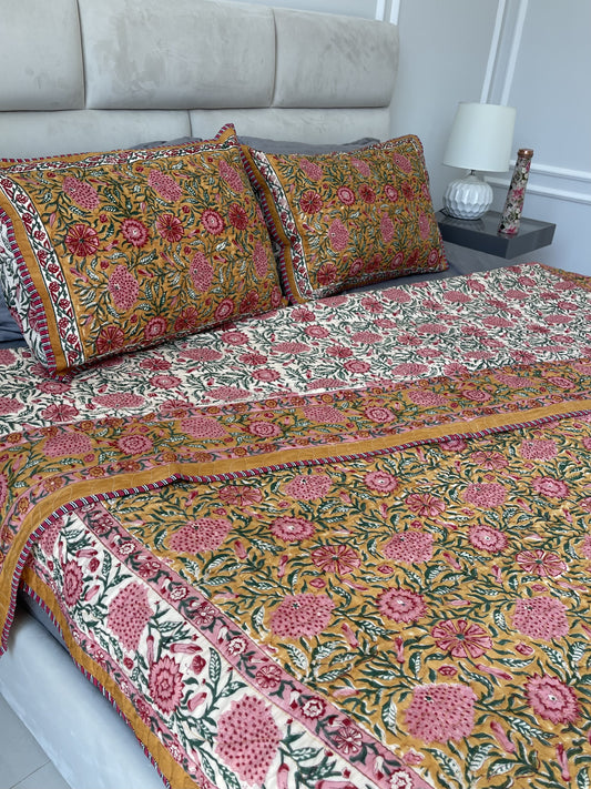 Premium Jaipuri Comforter Sand with pink Flowers handblock printed coming with 2 matching quilted cushion covers 