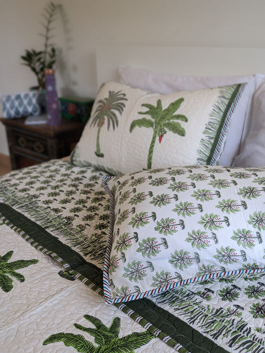 Premium Jaipuri Comforter with green Palm Trees handblock printed coming with 2 matching cushion covers all in pure cotton