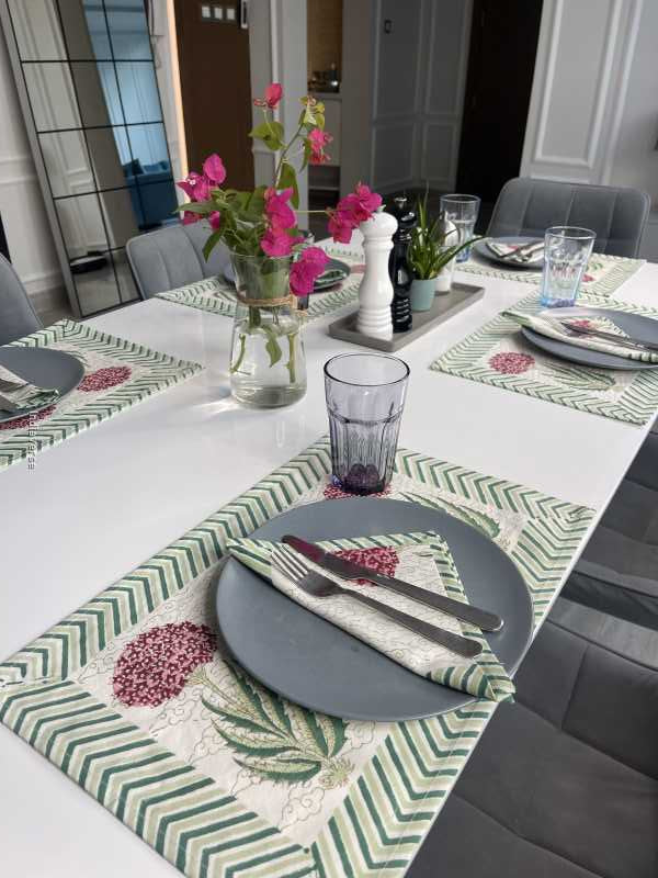 Exquisite 6-piece hand block printed placemat and napkin set in pure cotton stand out with a green purple modern design