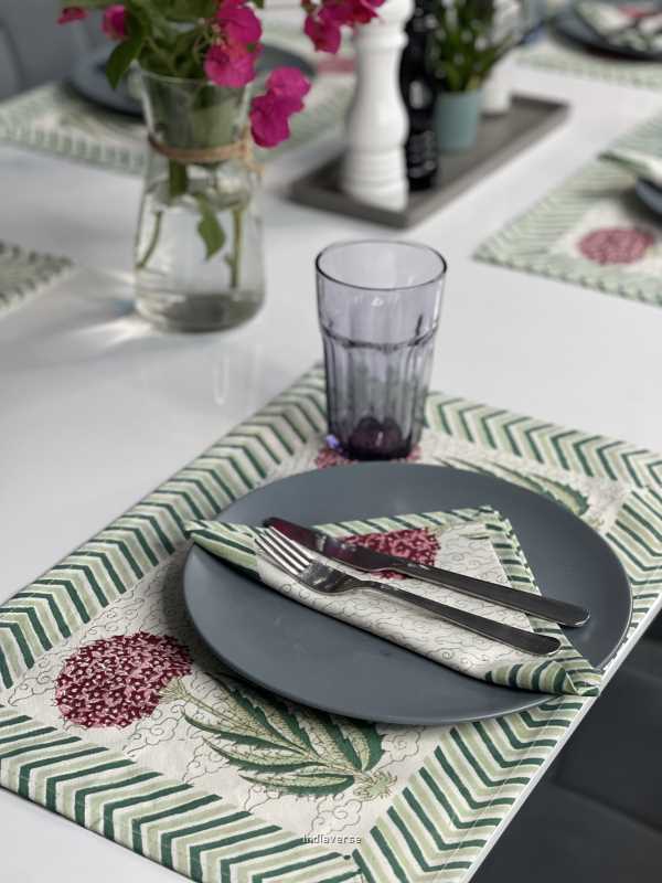 Exquisite 6-piece hand block printed placemat and napkin set in pure cotton stand out with a green purple modern design