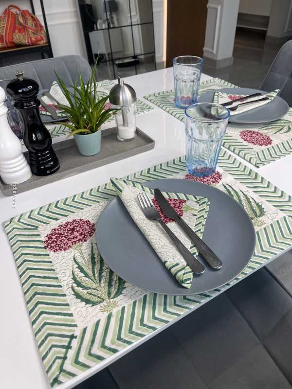 Exquisite 6-piece hand block printed placemat and napkin set in pure cotton stand out with a green purple modern design