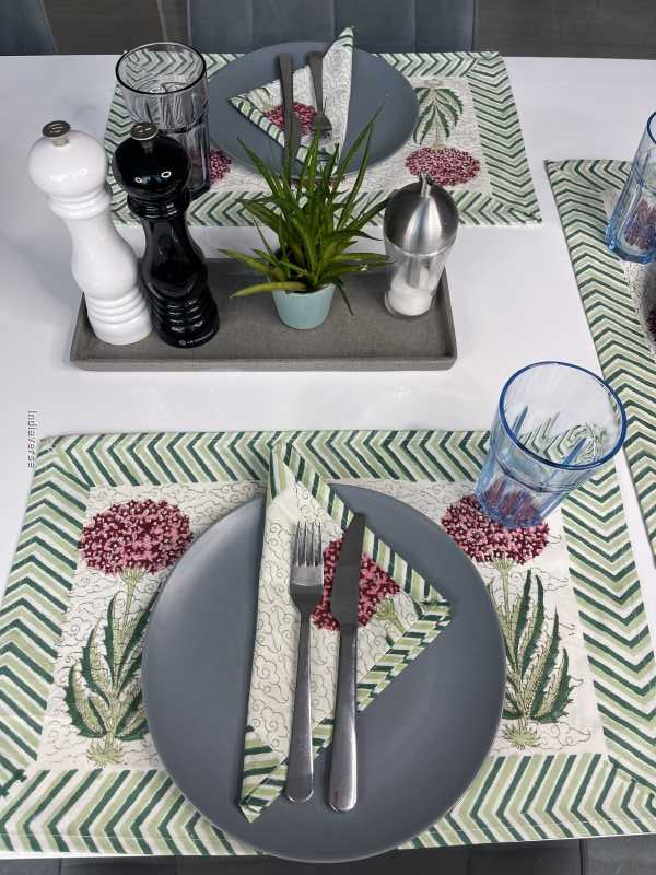 Exquisite 6-piece hand block printed placemat and napkin set in pure cotton stand out with a green purple modern design