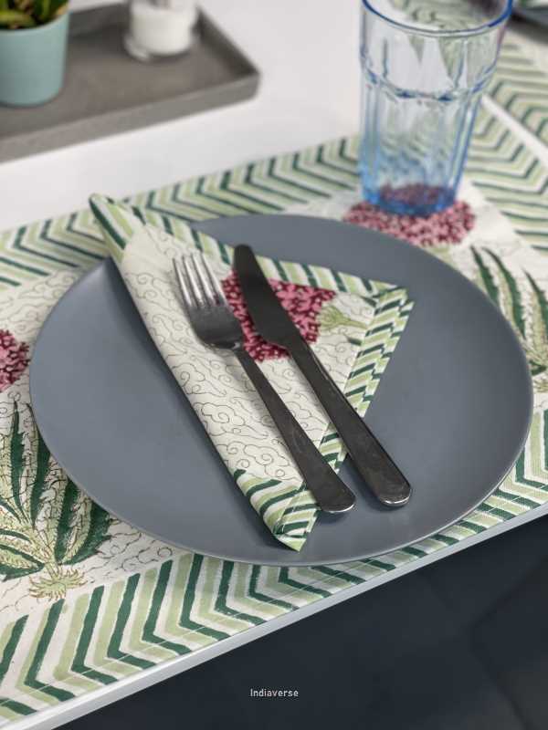 Exquisite 6-piece hand block printed placemat and napkin set in pure cotton stand out with a green purple modern design