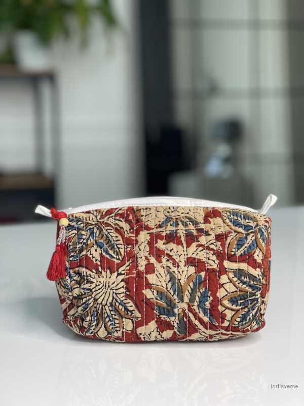 Red hand block printed small size toiletry bag for all your travel essentials, leak-proof and washable, perfect to gift | Red Flower Vine