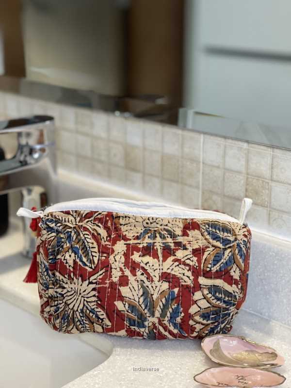 Red hand block printed small size toiletry bag for all your travel essentials, leak-proof and washable, perfect to gift | Red Flower Vine