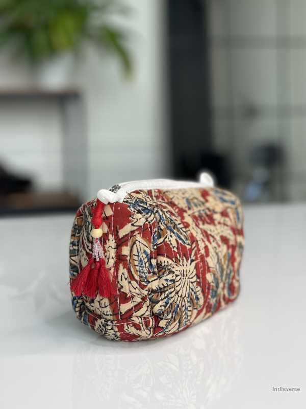 Red hand block printed small size toiletry bag for all your travel essentials, leak-proof and washable, perfect to gift | Red Flower Vine