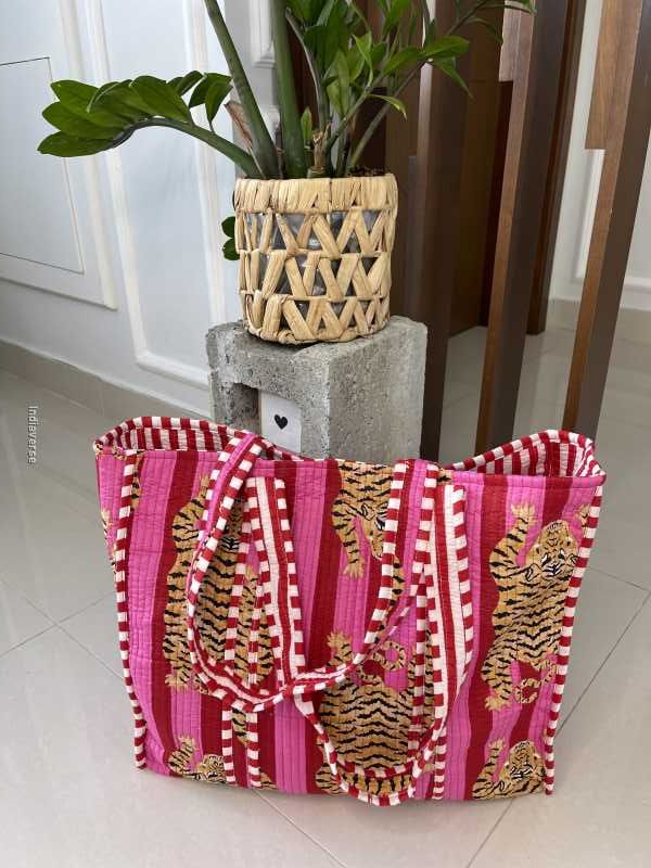 Red handmade quilted pure cotton Tote Bag with one inside pocket for keys and small items in Tiger Optic