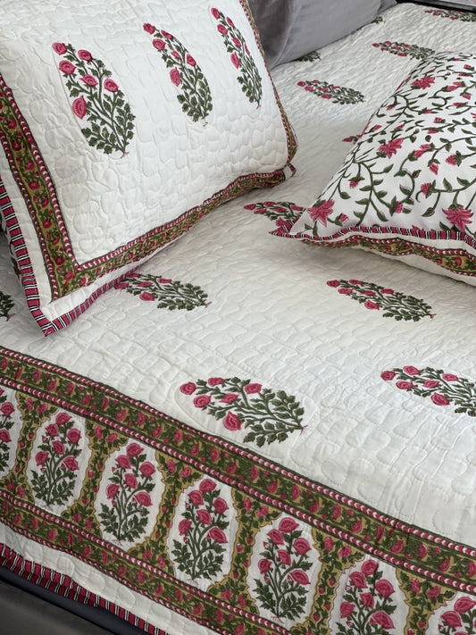 Pink Green Jaipuri Comforter for queen and king size beds in pure cotton with 2 matching quilted pillow cases