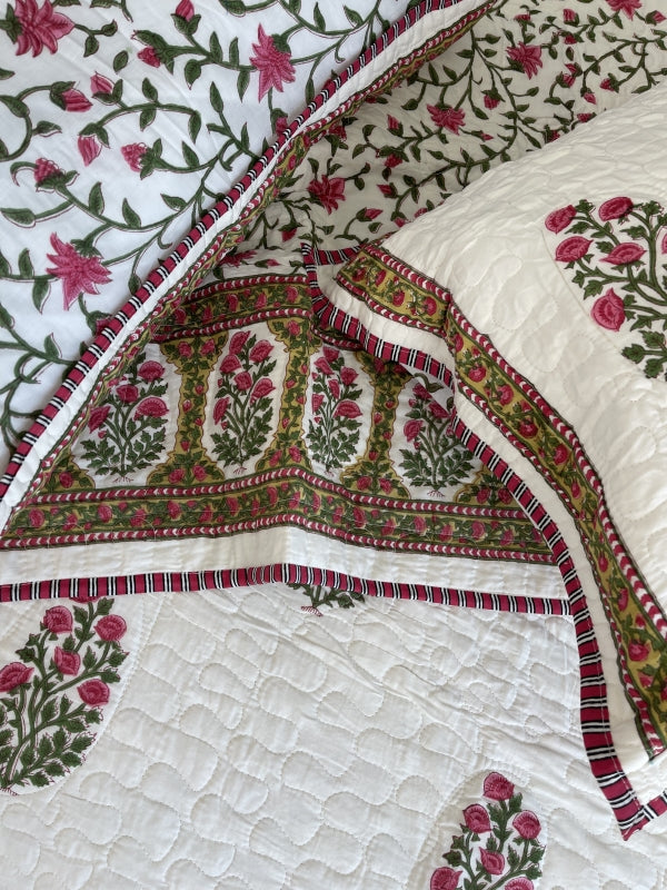 Pink Green Jaipuri Comforter for queen and king size beds in pure cotton with 2 matching quilted pillow cases