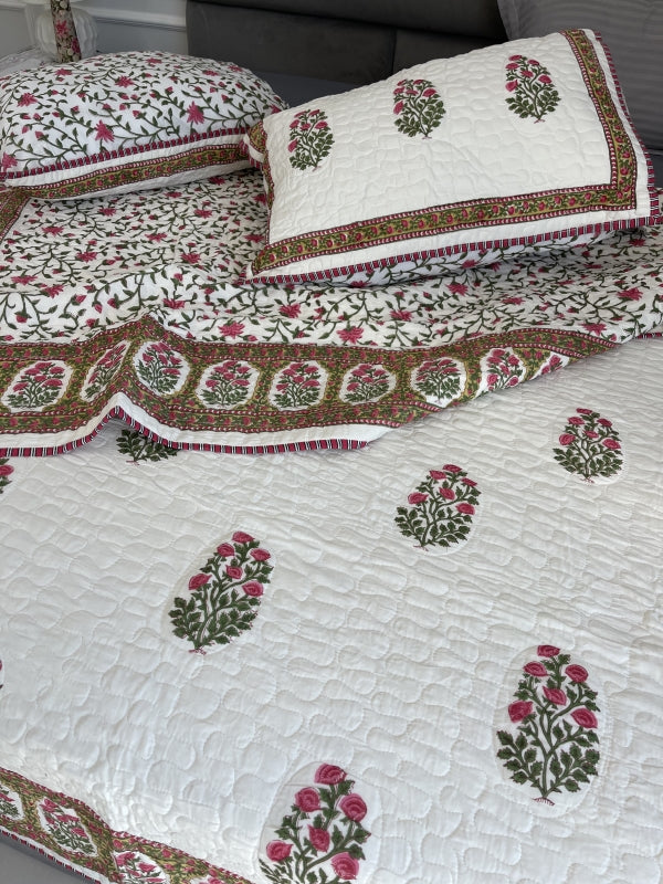 Pink Green Jaipuri Comforter for queen and king size beds in pure cotton with 2 matching quilted pillow cases