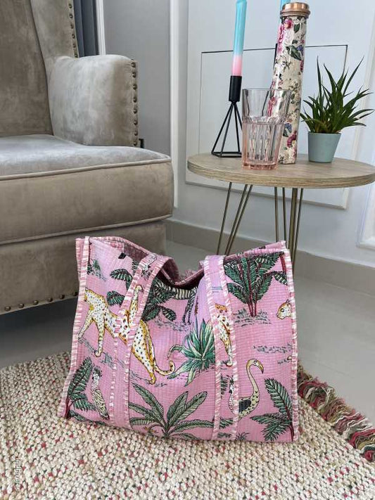 Rosa handmade quilted pure cotton Tote Bag with one inside pocket for keys and small items in Jungle Optic