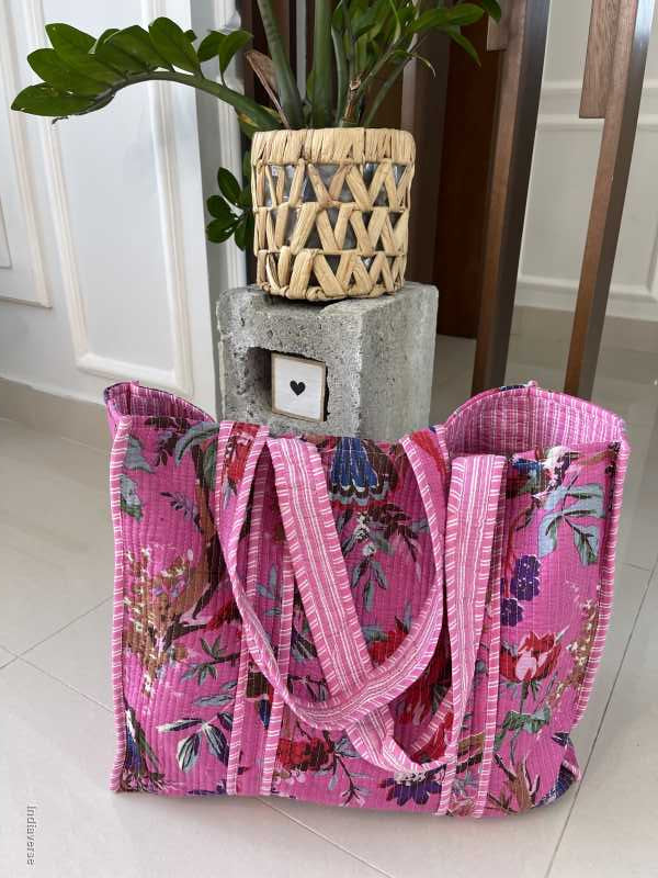 Pink handmade quilted pure cotton Tote Bag with one inside pocket for keys and small items in Japan Blossom Look