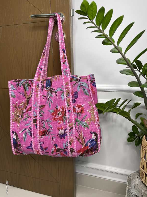 Pink handmade quilted pure cotton Tote Bag with one inside pocket for keys and small items in Japan Blossom Look