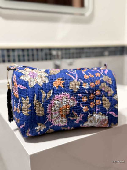 Toiletry Pouch Set with floral design for toiletries sitting on a bathroom sink | Royal Blue