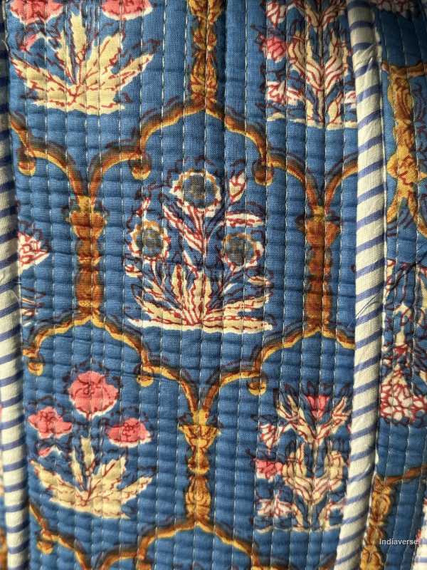 Close-up of a patterned fabric with floral designs on a blue background