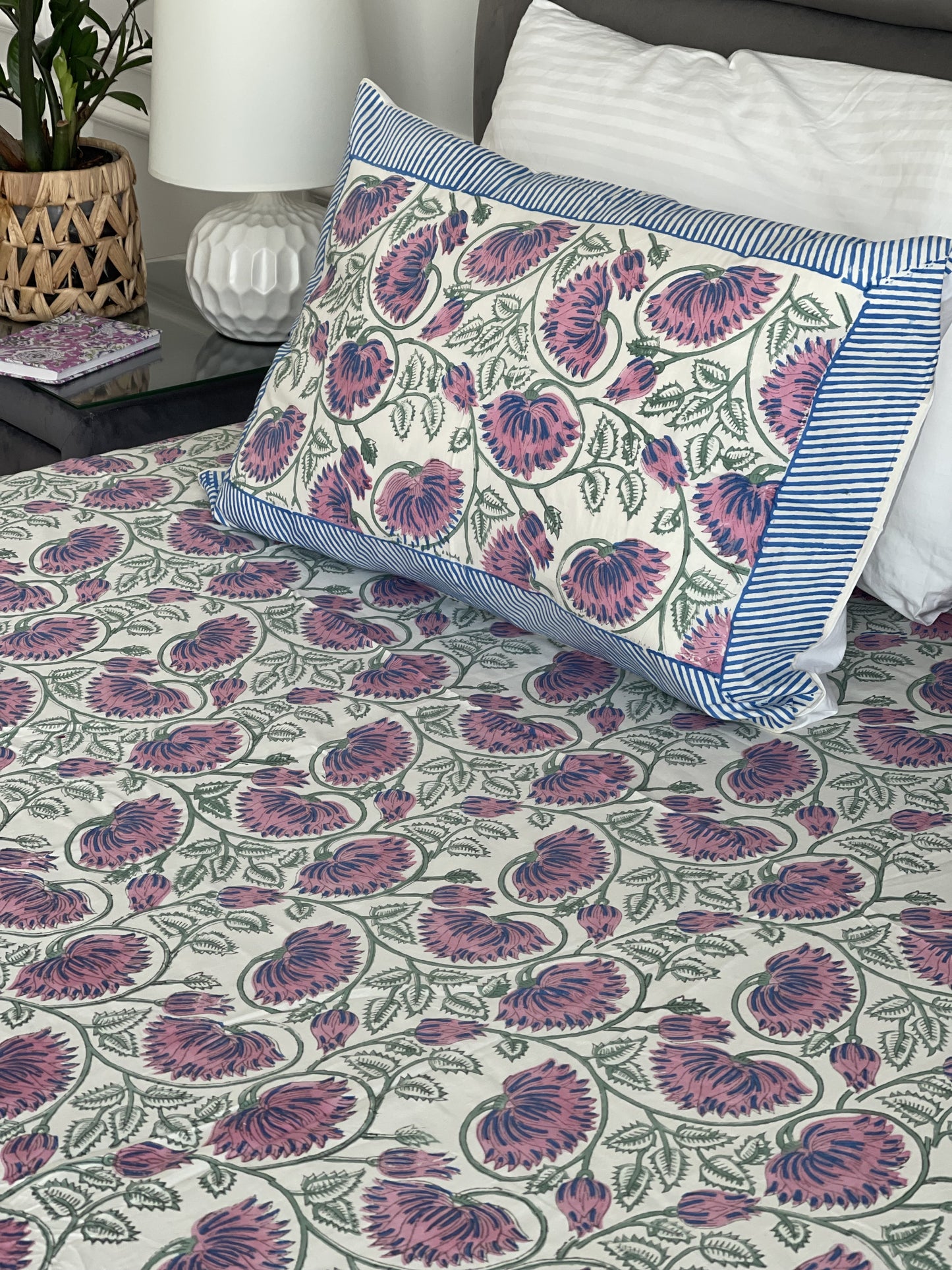 Sheet Set Purple Blue Lily handblock printed and crafted includes flat sheet with 2 matching pillowcases in pure cotton