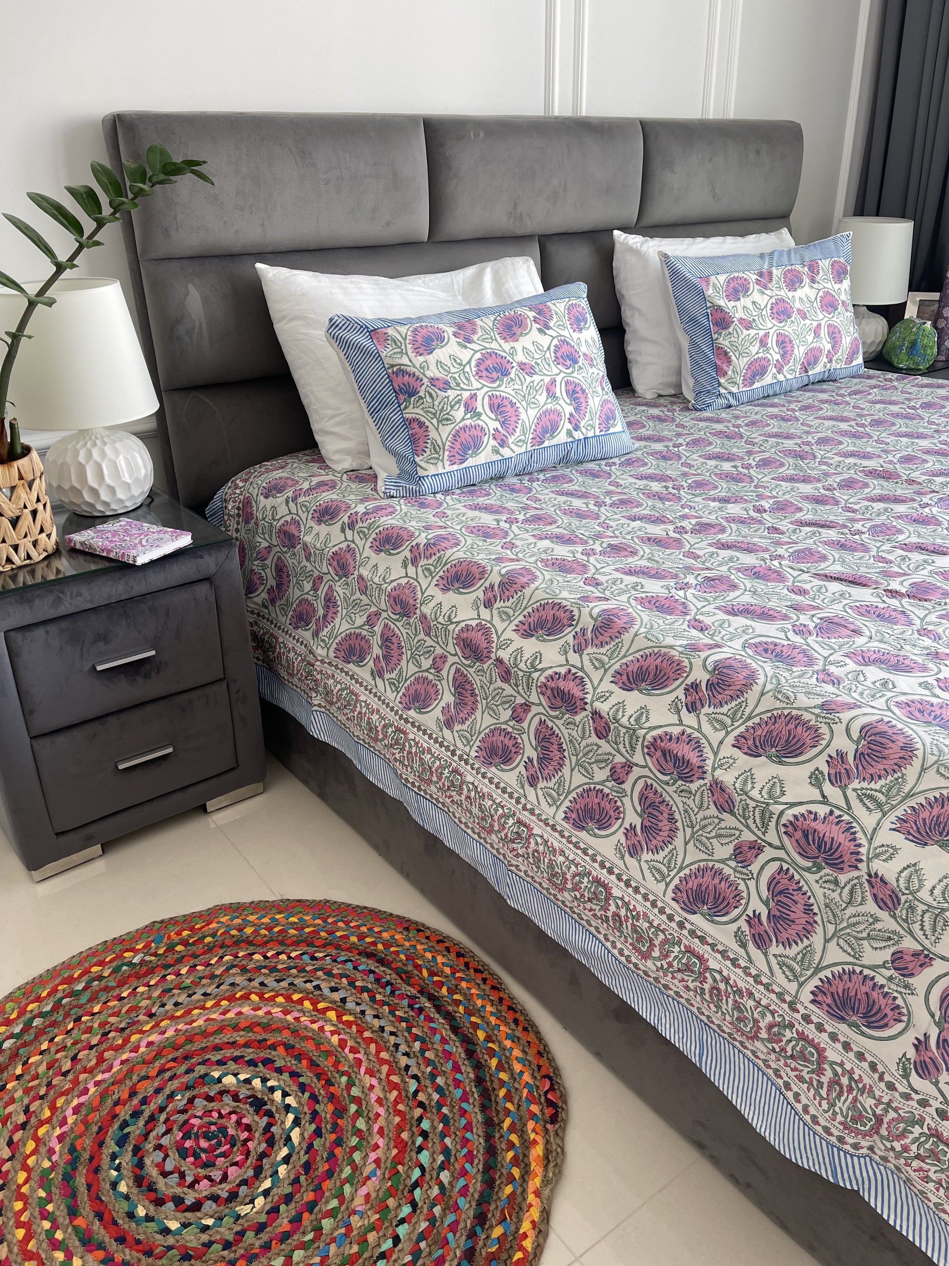 Sheet Set Purple Blue Lily handblock printed and crafted includes flat sheet with 2 matching pillowcases in pure cotton