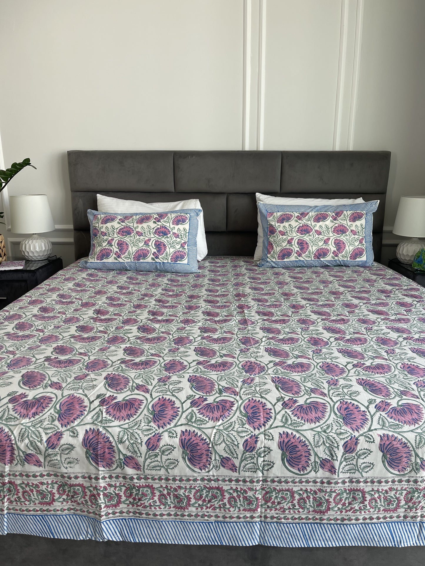 Sheet Set Purple Blue Lily handblock printed and crafted includes flat sheet with 2 matching pillowcases in pure cotton