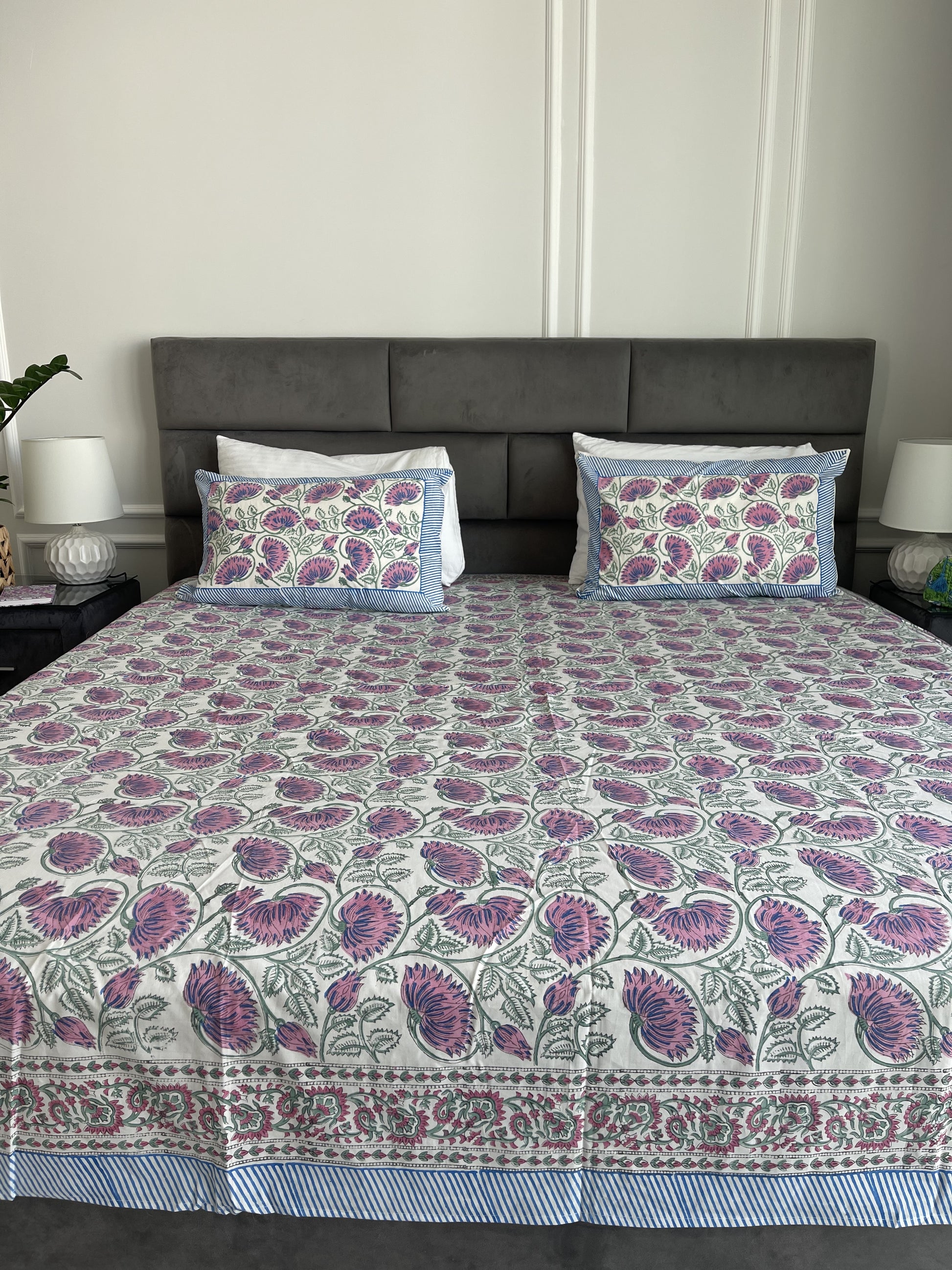 Sheet Set Purple Blue Lily handblock printed and crafted includes flat sheet with 2 matching pillowcases in pure cotton