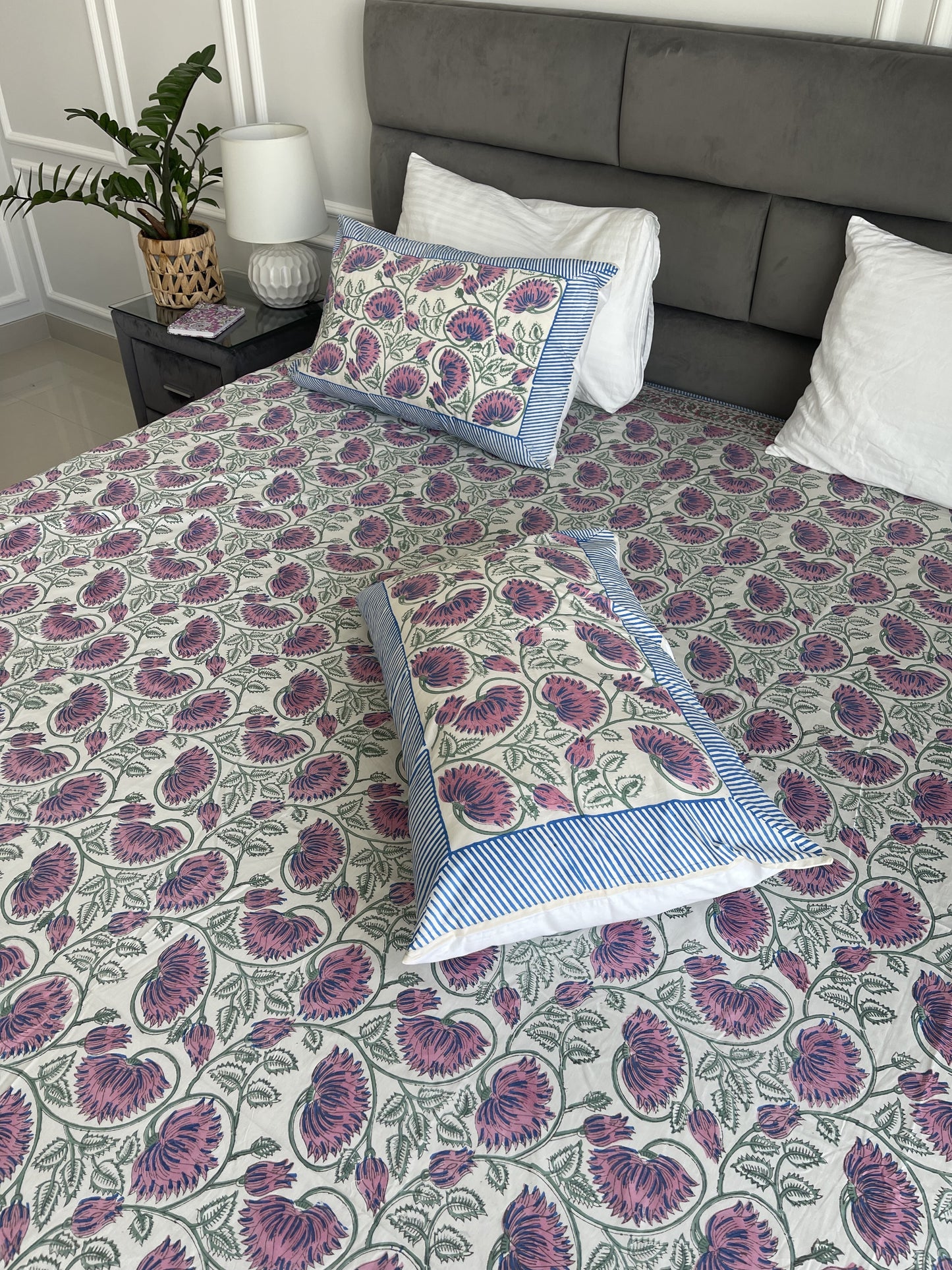 Sheet Set Purple Blue Lily handblock printed and crafted includes flat sheet with 2 matching pillowcases in pure cotton