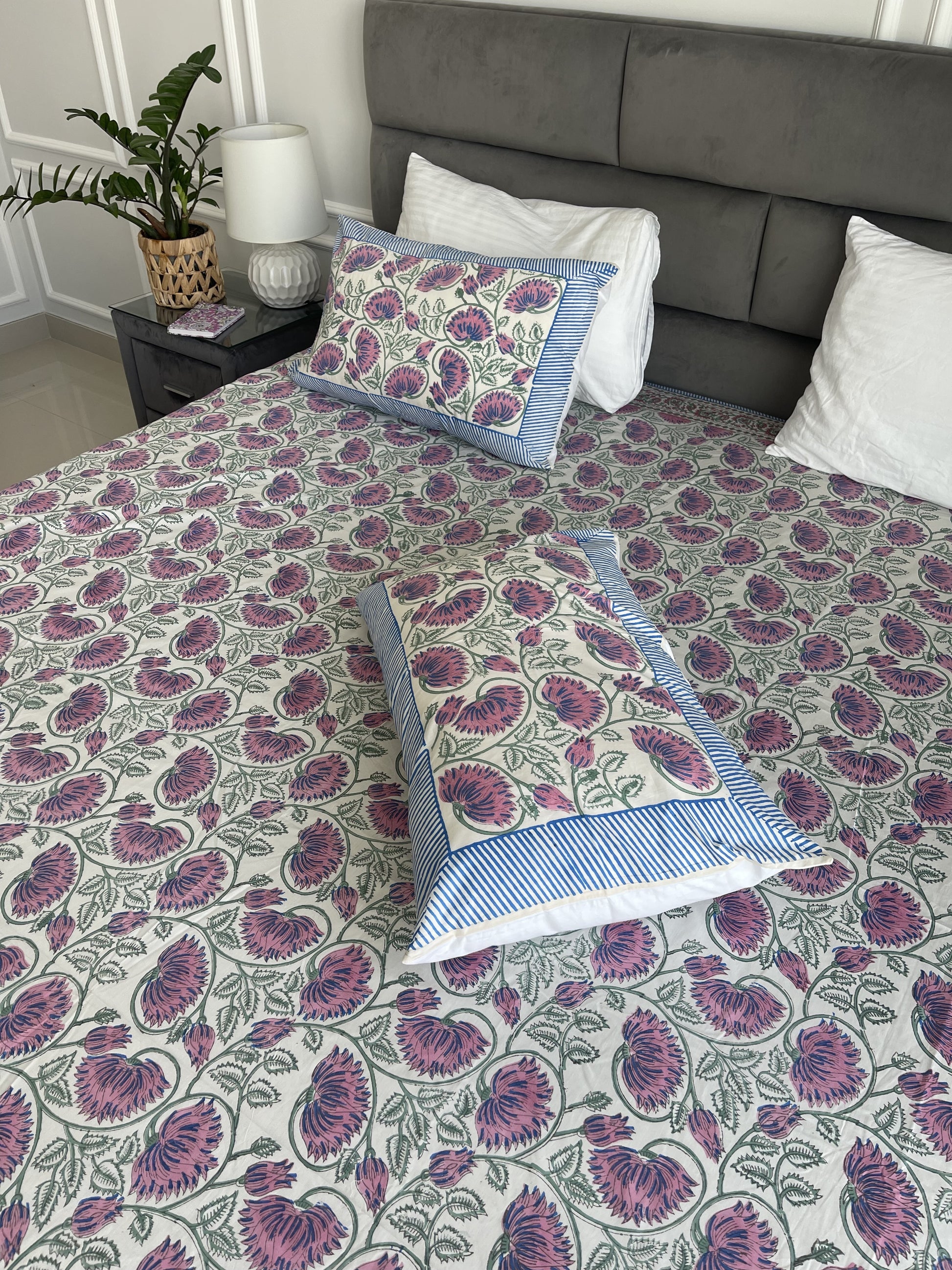 Sheet Set Purple Blue Lily handblock printed and crafted includes flat sheet with 2 matching pillowcases in pure cotton