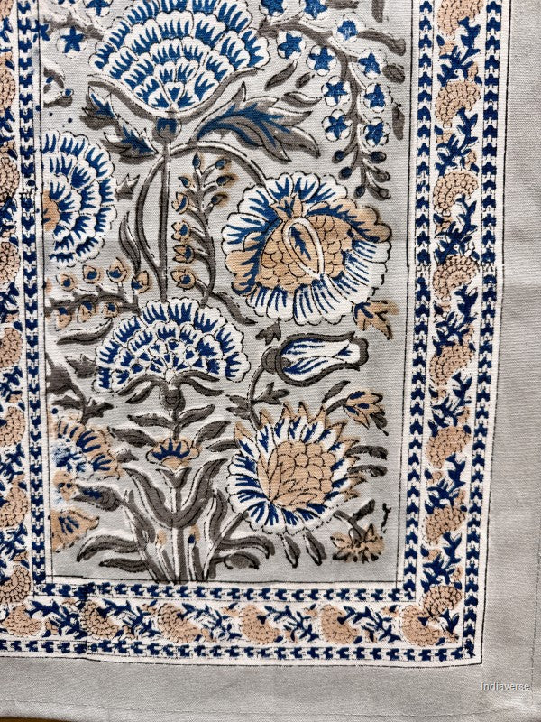 A close-up of a patterned textile or rug showing a floral design with blue, beige, and gray motifs on a light gray background, framed by a decorative border.