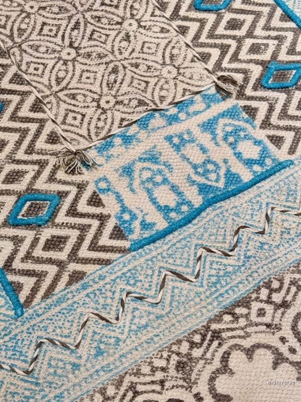 A close-up of a patterned textile with geometric and floral motifs in beige, gray, and bright blue. The fabric shows woven texture, tassels, and layered patterned sections.